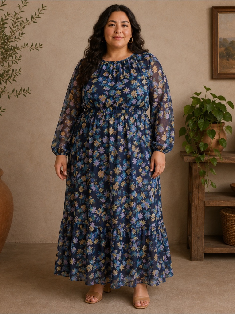 Maggy London “Bess” Spring|Prarie|Floral Navy Blue Long Sleeve Maxi Dress Sz 14